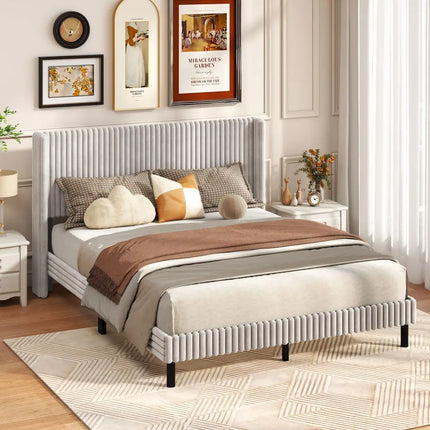 Queen Size Velvet Bed Frame with Vertical Channel Tufted Wingback Headboard-White - White - Simple Bed Frame