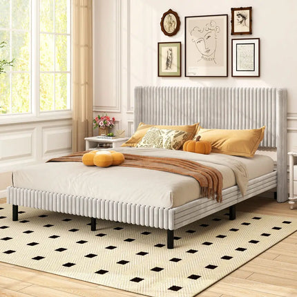 Queen Size Velvet Bed Frame with Vertical Channel Tufted Wingback Headboard-White - White - Simple Bed Frame