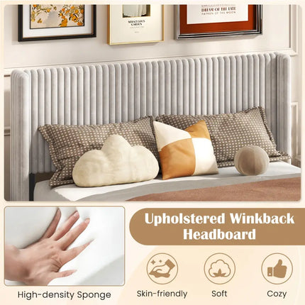 Queen Size Velvet Bed Frame with Vertical Channel Tufted Wingback Headboard-White - White - Simple Bed Frame