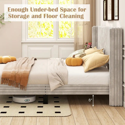 Queen Size Velvet Bed Frame with Vertical Channel Tufted Wingback Headboard-White - White - Simple Bed Frame