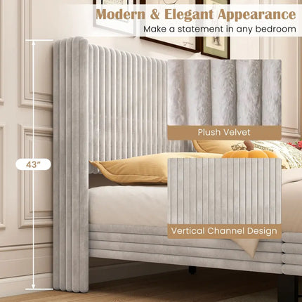 Queen Size Velvet Bed Frame with Vertical Channel Tufted Wingback Headboard-White - White - Simple Bed Frame