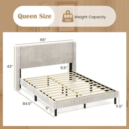 Queen Size Velvet Bed Frame with Vertical Channel Tufted Wingback Headboard-White - White - Simple Bed Frame