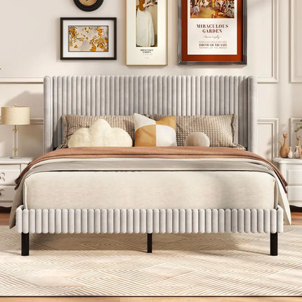 Queen Size Velvet Bed Frame with Vertical Channel Tufted Wingback Headboard-White - White - Simple Bed Frame