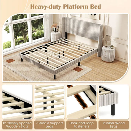 Queen Size Velvet Bed Frame with Vertical Channel Tufted Wingback Headboard-White - White - Simple Bed Frame