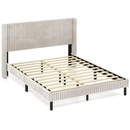 Queen Size Velvet Bed Frame with Vertical Channel Tufted Wingback Headboard-White - White - Simple Bed Frame