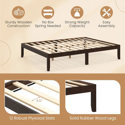 Queen Size Wood Bed Frame with Wooden Slats Support and Rubber Wood Legs-Espresso - Espresso - Simple Bed Frame