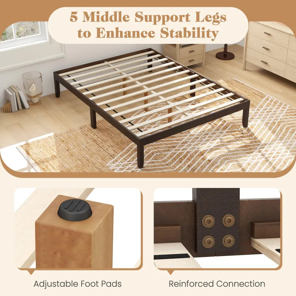 Queen Size Wood Bed Frame with Wooden Slats Support and Rubber Wood Legs-Espresso - Espresso - Simple Bed Frame