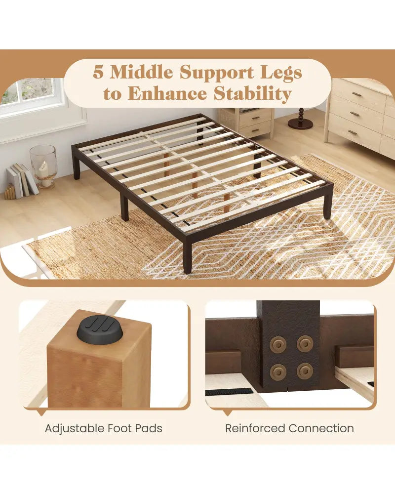 Queen Size Wood Bed Frame with Wooden Slats Support and Rubber Wood Legs-Espresso - Espresso - Simple Bed Frame