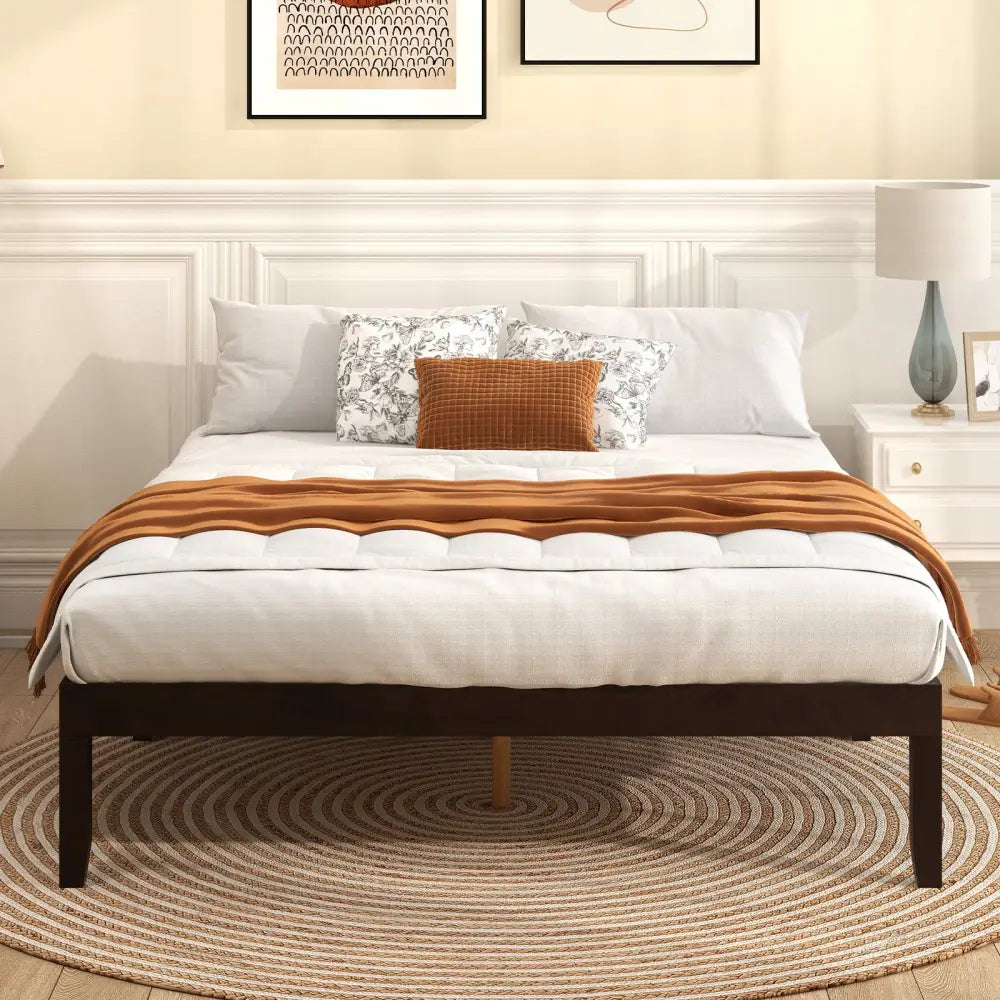 Queen Size Wood Bed Frame with Wooden Slats Support and Rubber Wood Legs-Espresso - Espresso - Simple Bed Frame