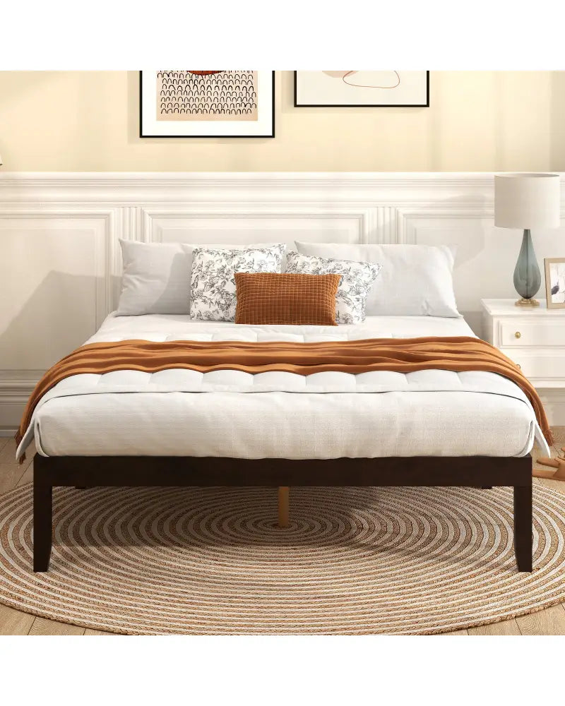 Queen Size Wood Bed Frame with Wooden Slats Support and Rubber Wood Legs-Espresso - Espresso - Simple Bed Frame