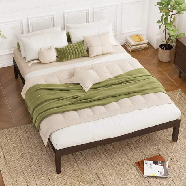 Queen Size Wood Bed Frame with Wooden Slats Support and Rubber Wood Legs-Espresso - Espresso - Simple Bed Frame