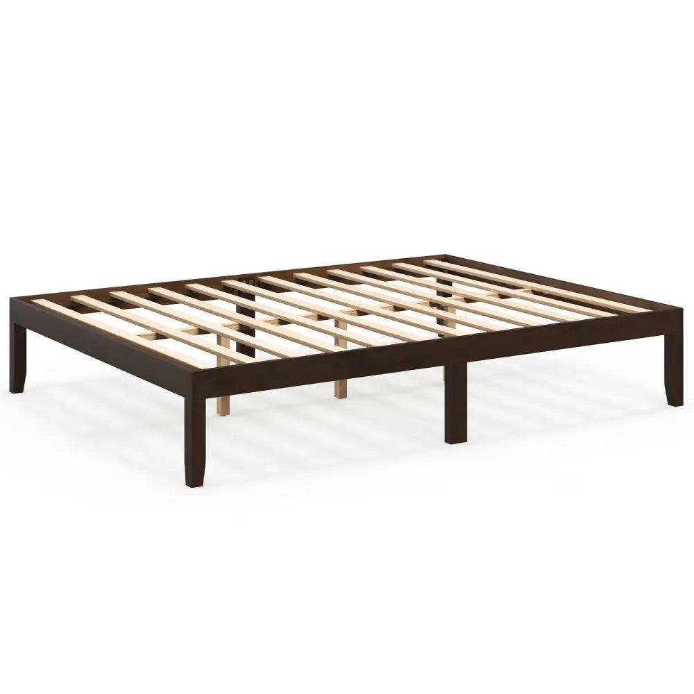 Queen Size Wood Bed Frame with Wooden Slats Support and Rubber Wood Legs-Espresso - Espresso - Simple Bed Frame