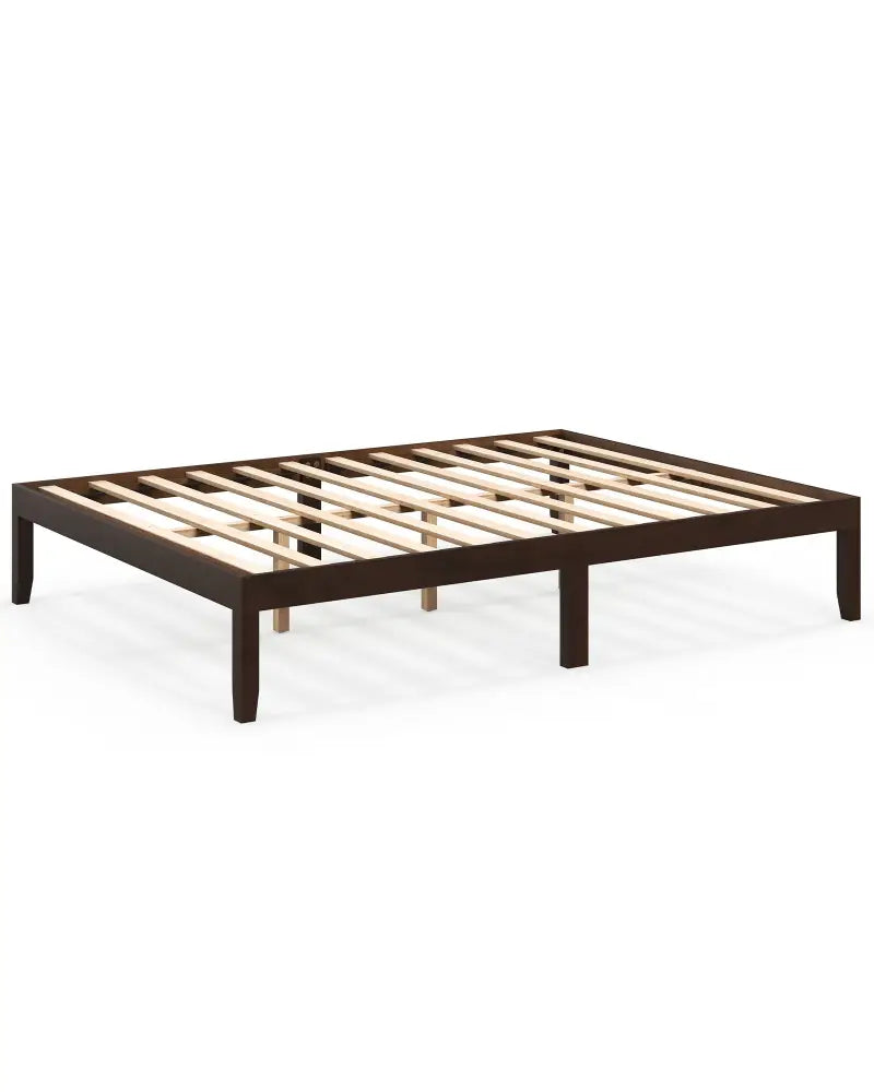 Queen Size Wood Bed Frame with Wooden Slats Support and Rubber Wood Legs-Espresso - Espresso - Simple Bed Frame