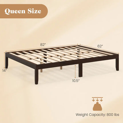 Queen Size Wood Bed Frame with Wooden Slats Support and Rubber Wood Legs-Espresso - Espresso - Simple Bed Frame