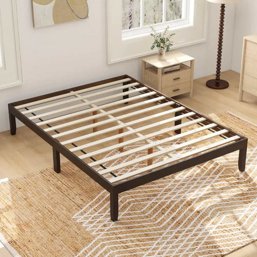 Queen Size Wood Bed Frame with Wooden Slats Support and Rubber Wood Legs-Espresso - Espresso - Simple Bed Frame