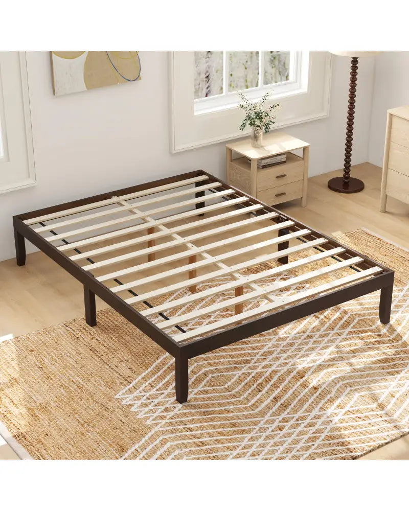 Queen Size Wood Bed Frame with Wooden Slats Support and Rubber Wood Legs-Espresso - Espresso - Simple Bed Frame