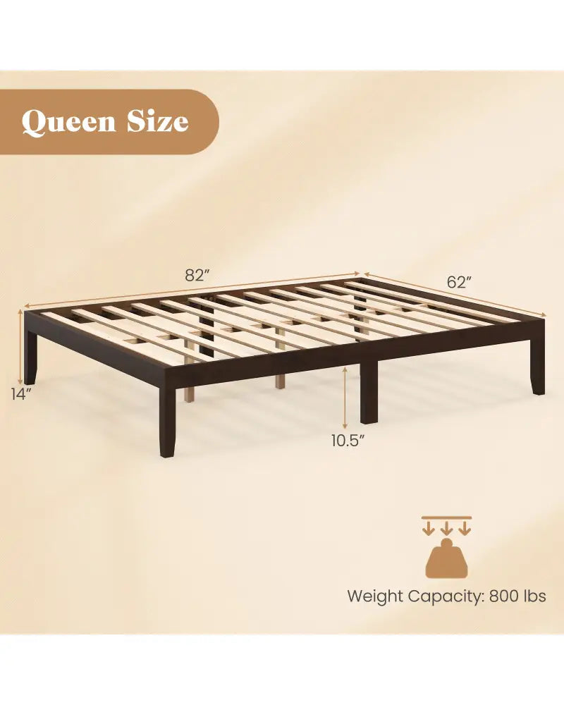 Queen Size Wood Bed Frame with Wooden Slats Support and Rubber Wood Legs-Espresso - Espresso - Simple Bed Frame