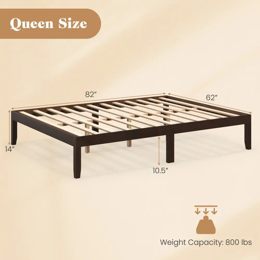 Queen Size Wood Bed Frame with Wooden Slats Support and Rubber Wood Legs-Espresso - Espresso - Simple Bed Frame