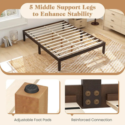 Queen Size Wood Bed Frame with Wooden Slats Support and Rubber Wood Legs-Espresso - Espresso - Simple Bed Frame
