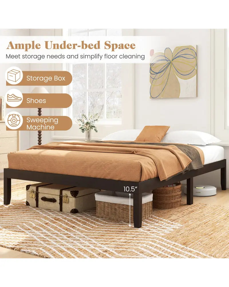 Queen Size Wood Bed Frame with Wooden Slats Support and Rubber Wood Legs-Espresso - Espresso - Simple Bed Frame