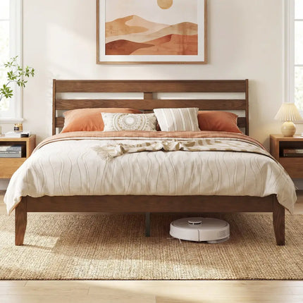 Queen Size Wood Platform Bed Frame with Slat Headboard - Brown - Simple Bed Frame