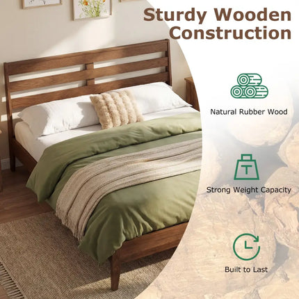 Queen Size Wood Platform Bed Frame with Slat Headboard - Brown - Simple Bed Frame