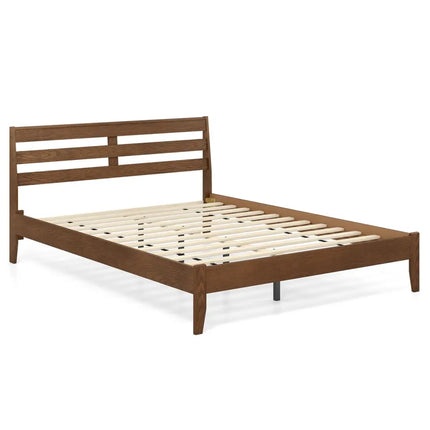 Queen Size Wood Platform Bed Frame with Slat Headboard - Brown - Simple Bed Frame