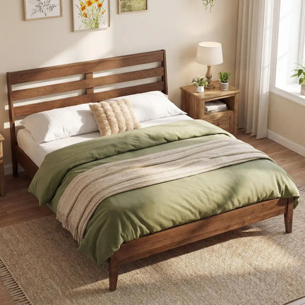 Queen Size Wood Platform Bed Frame with Slat Headboard - Brown - Simple Bed Frame