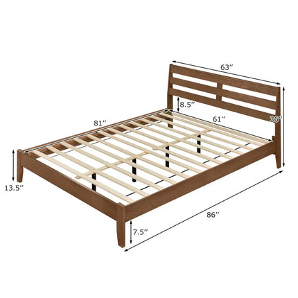 Queen Size Wood Platform Bed Frame with Slat Headboard - Brown - Simple Bed Frame
