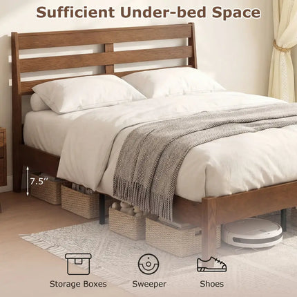 Queen Size Wood Platform Bed Frame with Slat Headboard - Brown - Simple Bed Frame