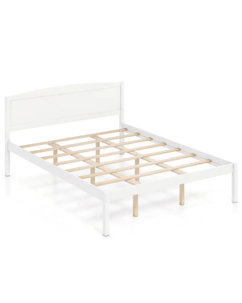 Queen Size Wooden Platform Bed Frame with Curved Headboard-White - White - Beds & Bed Frames