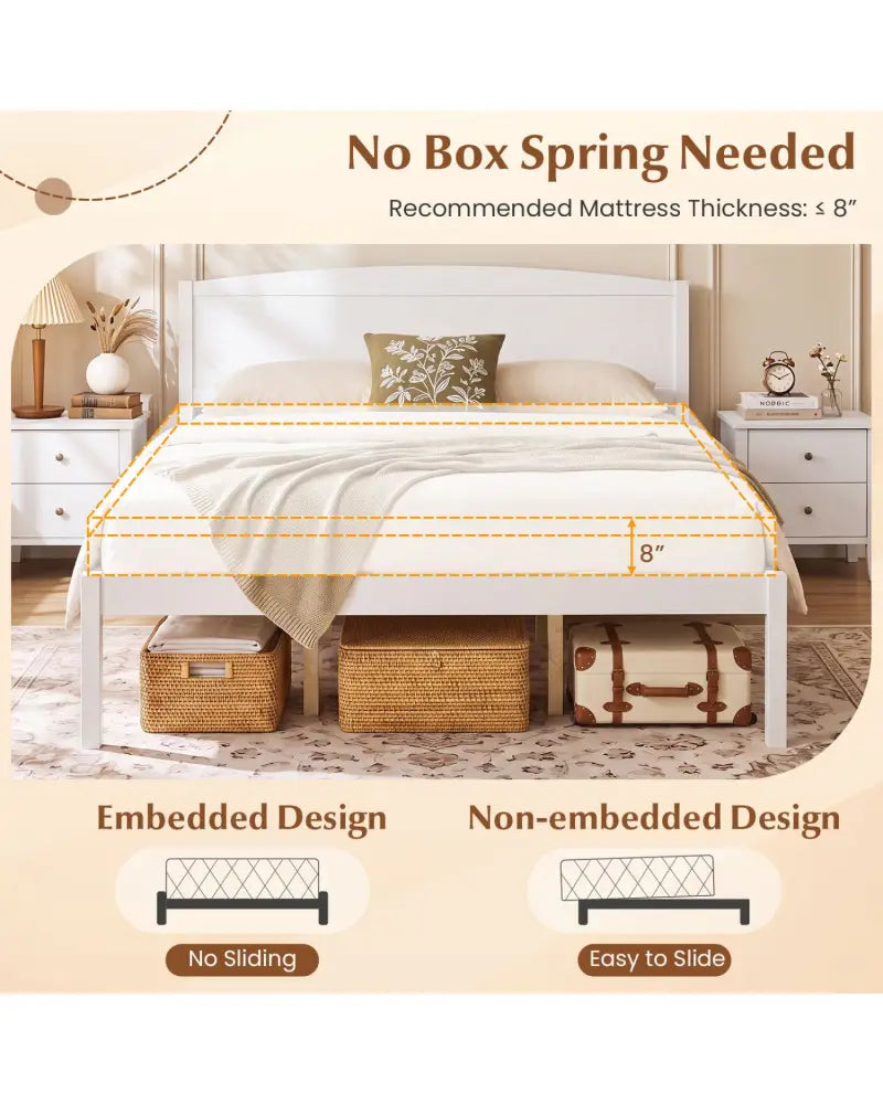 Queen Size Wooden Platform Bed Frame with Curved Headboard-White - White - Beds & Bed Frames