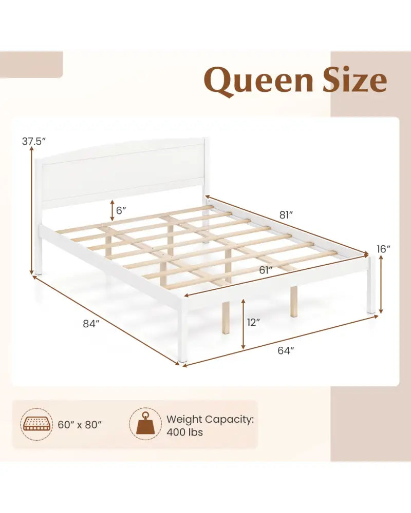 Queen Size Wooden Platform Bed Frame with Curved Headboard-White - White - Beds & Bed Frames