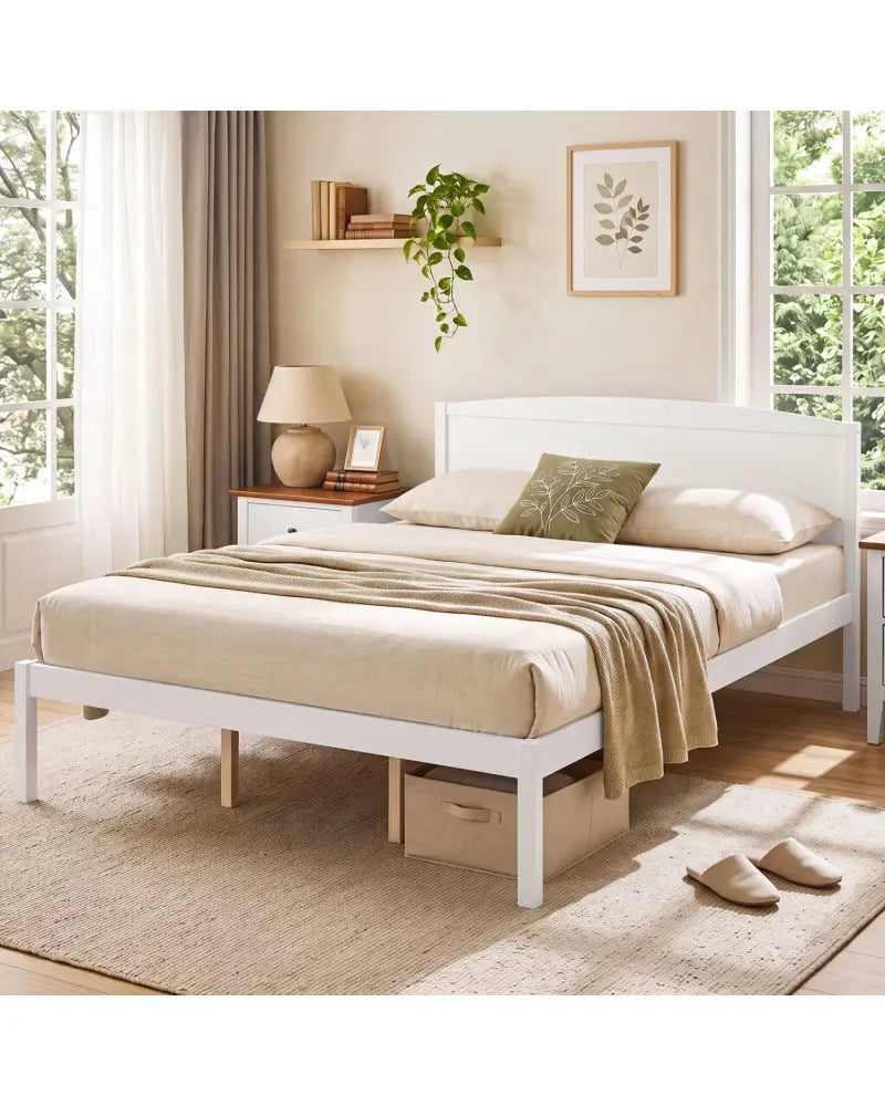 Queen Size Wooden Platform Bed Frame with Curved Headboard-White - White - Beds & Bed Frames