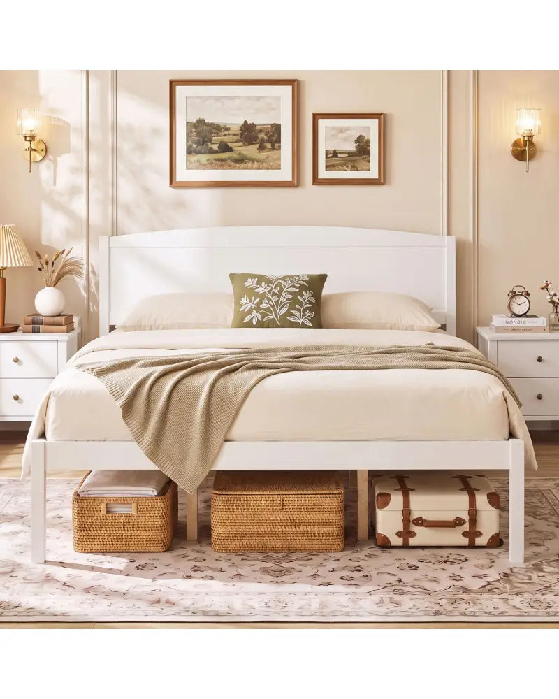 Queen Size Wooden Platform Bed Frame with Curved Headboard-White - White - Beds & Bed Frames