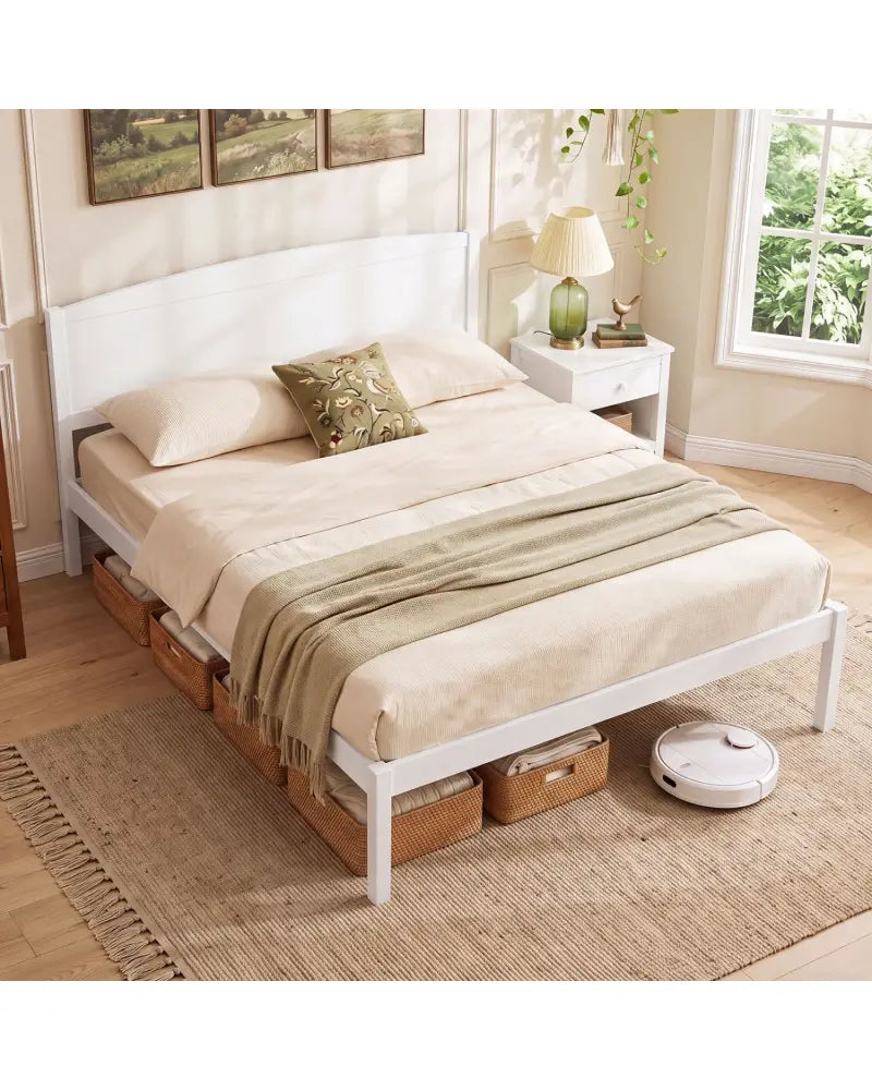 Queen Size Wooden Platform Bed Frame with Curved Headboard-White - White - Beds & Bed Frames