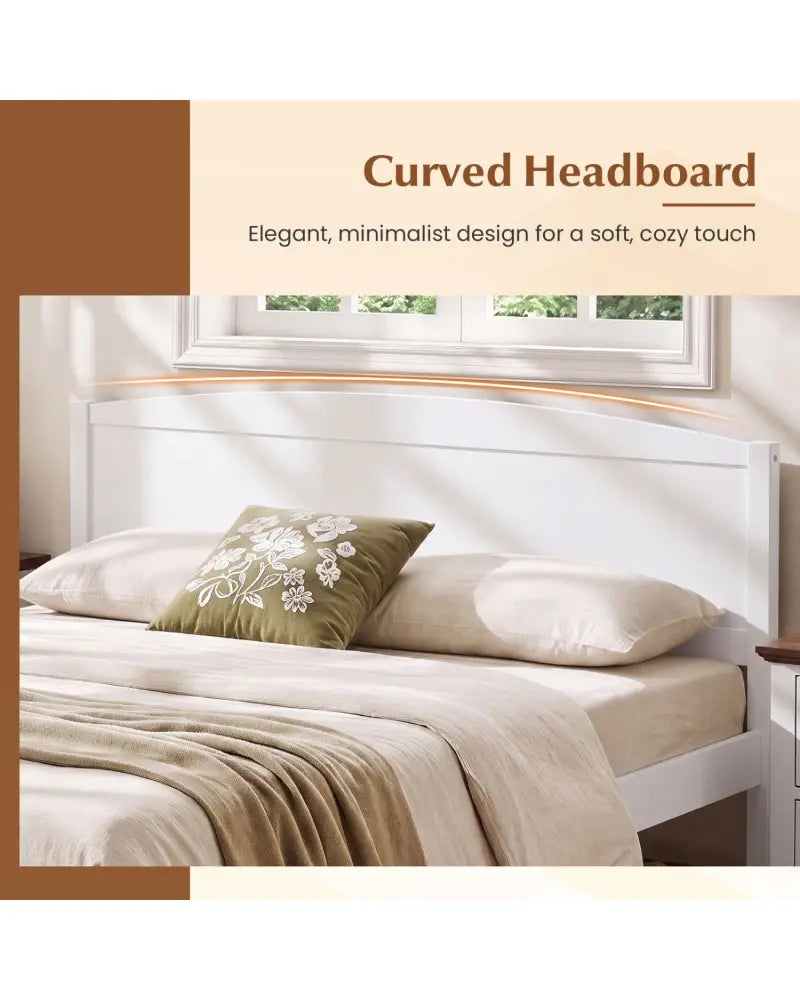 Queen Size Wooden Platform Bed Frame with Curved Headboard-White - White - Beds & Bed Frames