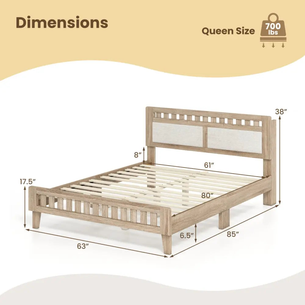 Queen Wood Bed Frame with Upholstered Headboard-Natural - Natural - Simple Bed Frame