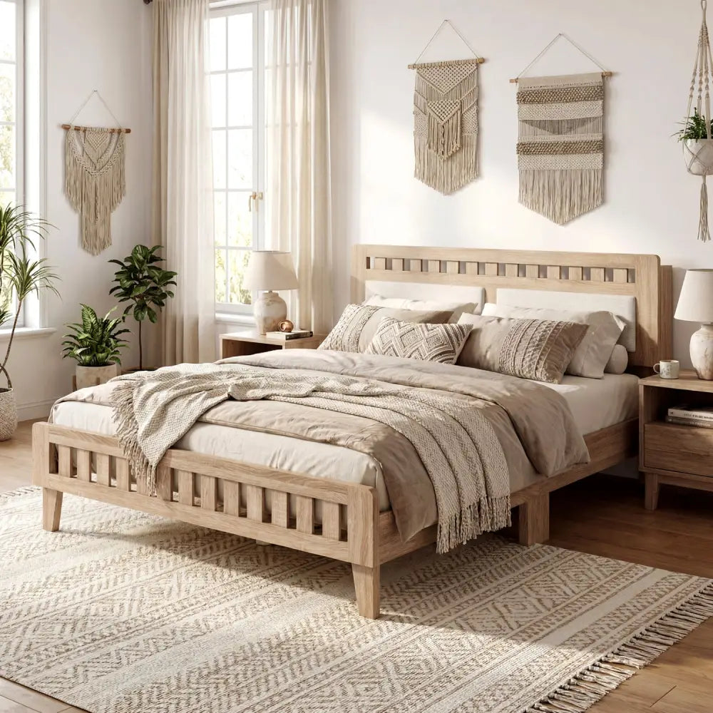 Queen Wood Bed Frame with Upholstered Headboard-Natural - Natural - Simple Bed Frame