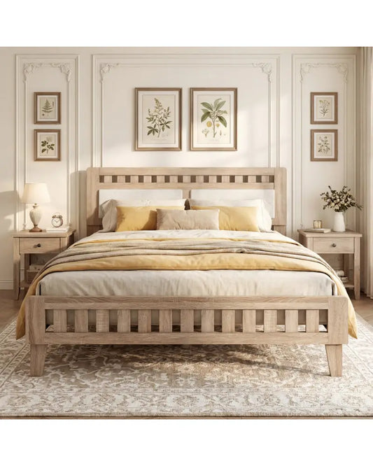 Queen Wood Bed Frame with Upholstered Headboard-Natural - Natural - Simple Bed Frame