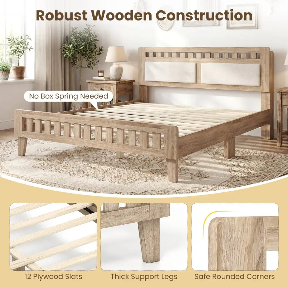 Queen Wood Bed Frame with Upholstered Headboard-Natural - Natural - Simple Bed Frame