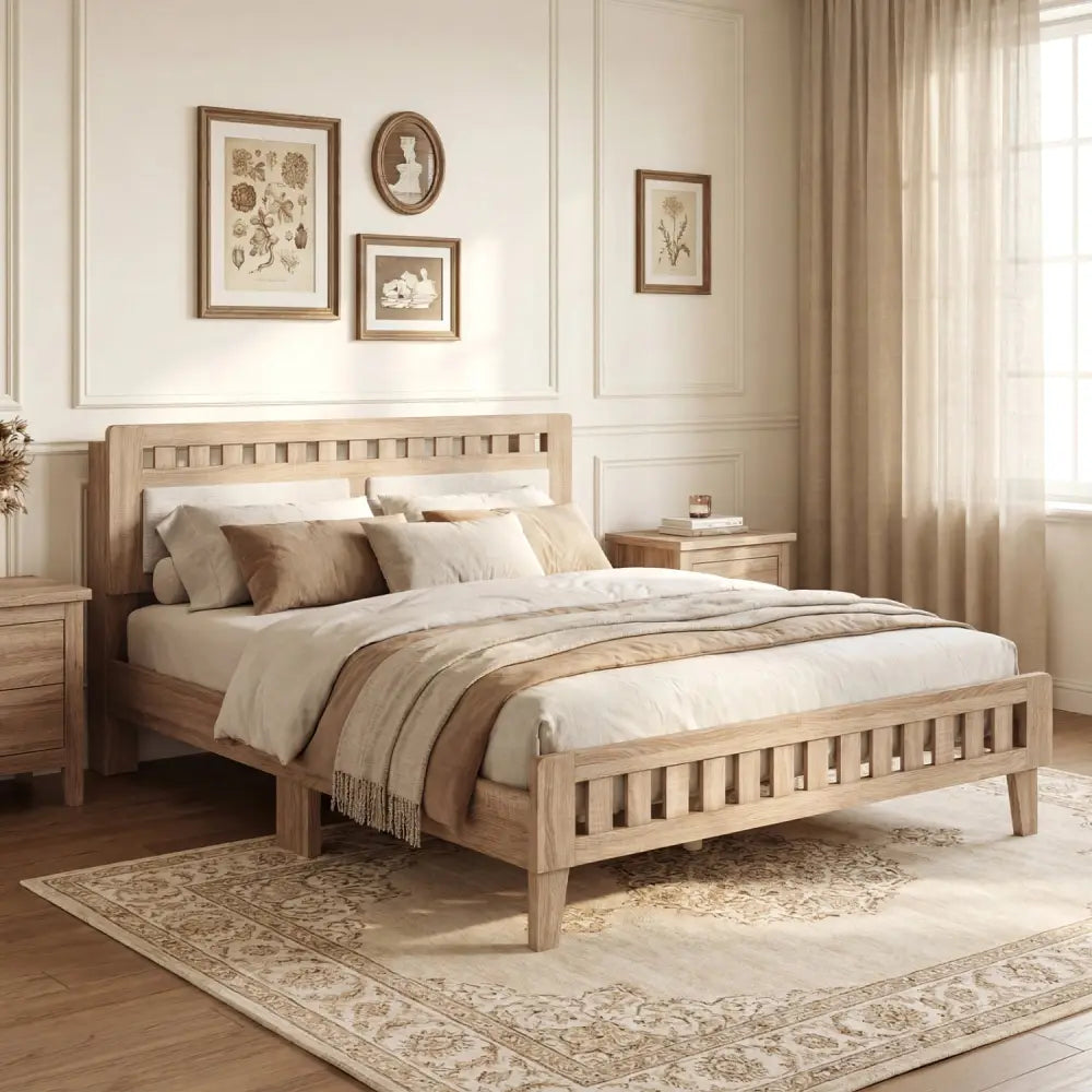 Queen Wood Bed Frame with Upholstered Headboard-Natural - Natural - Simple Bed Frame