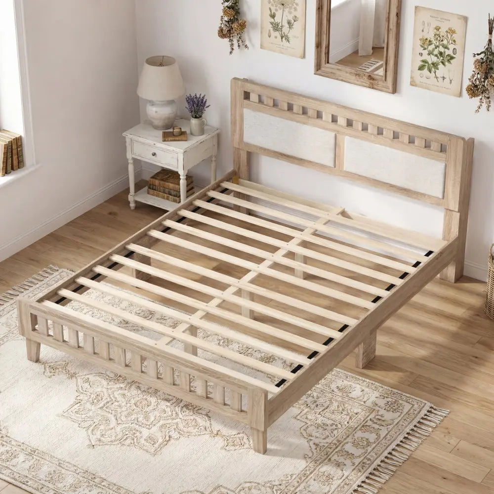 Queen Wood Bed Frame with Upholstered Headboard-Natural - Natural - Simple Bed Frame