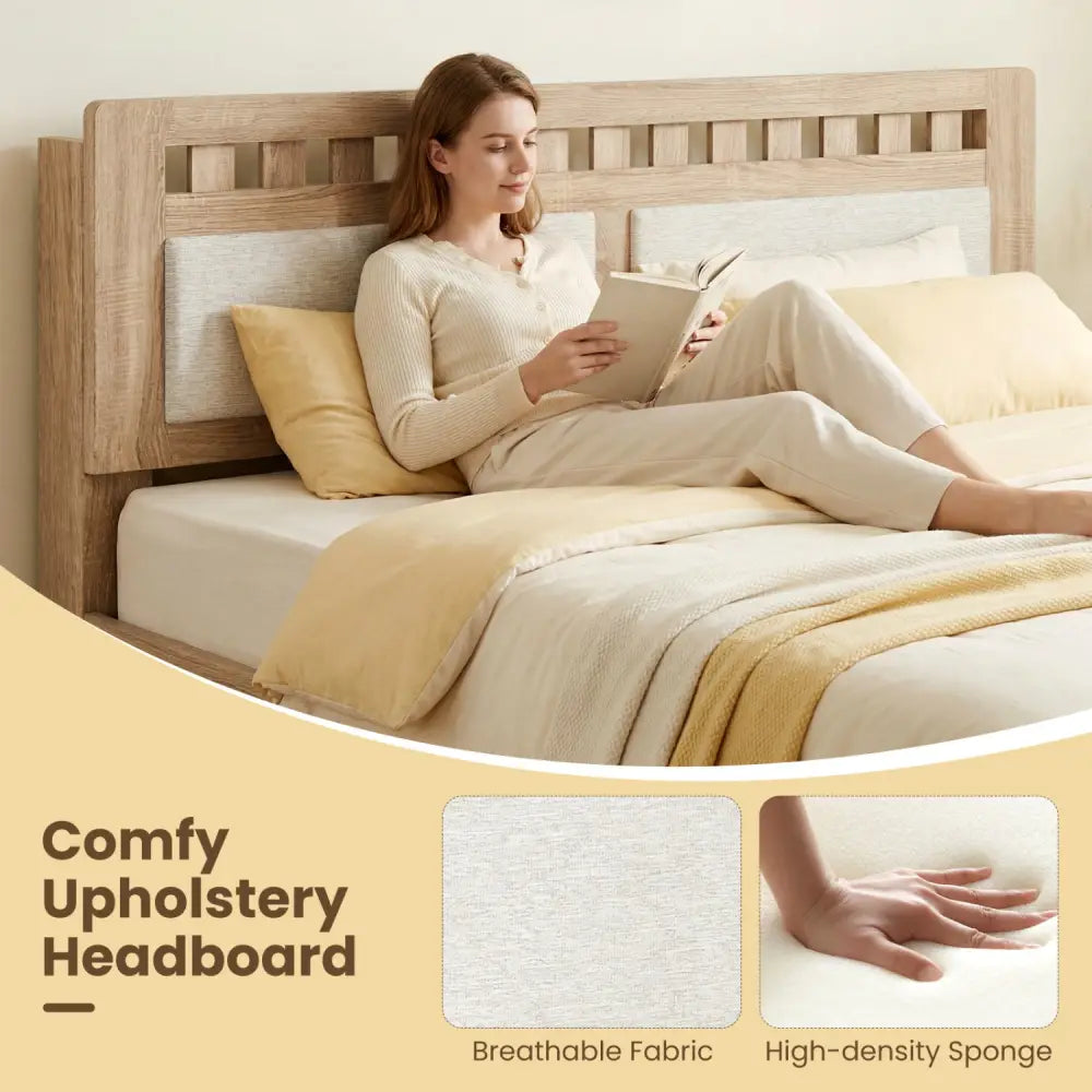 Queen Wood Bed Frame with Upholstered Headboard-Natural - Natural - Simple Bed Frame