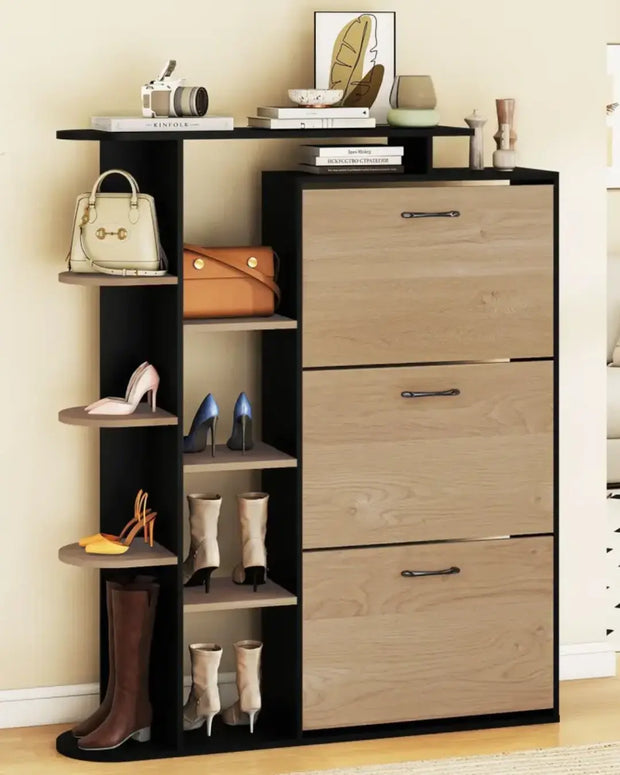 Shoe rack with wooden drawers and shelves holding shoes and bags.