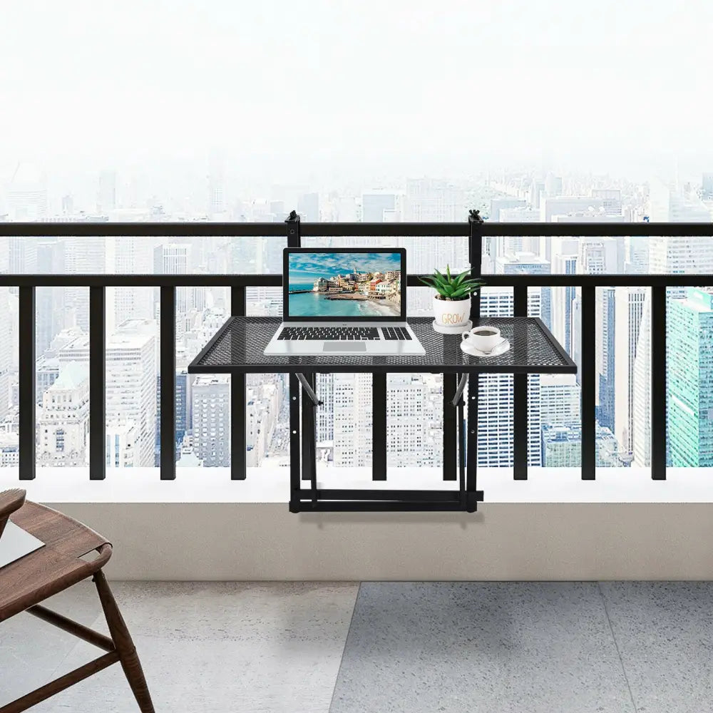 Railing Folding Table with 5-Level Adjustable Heights - Black - Patio Tables
