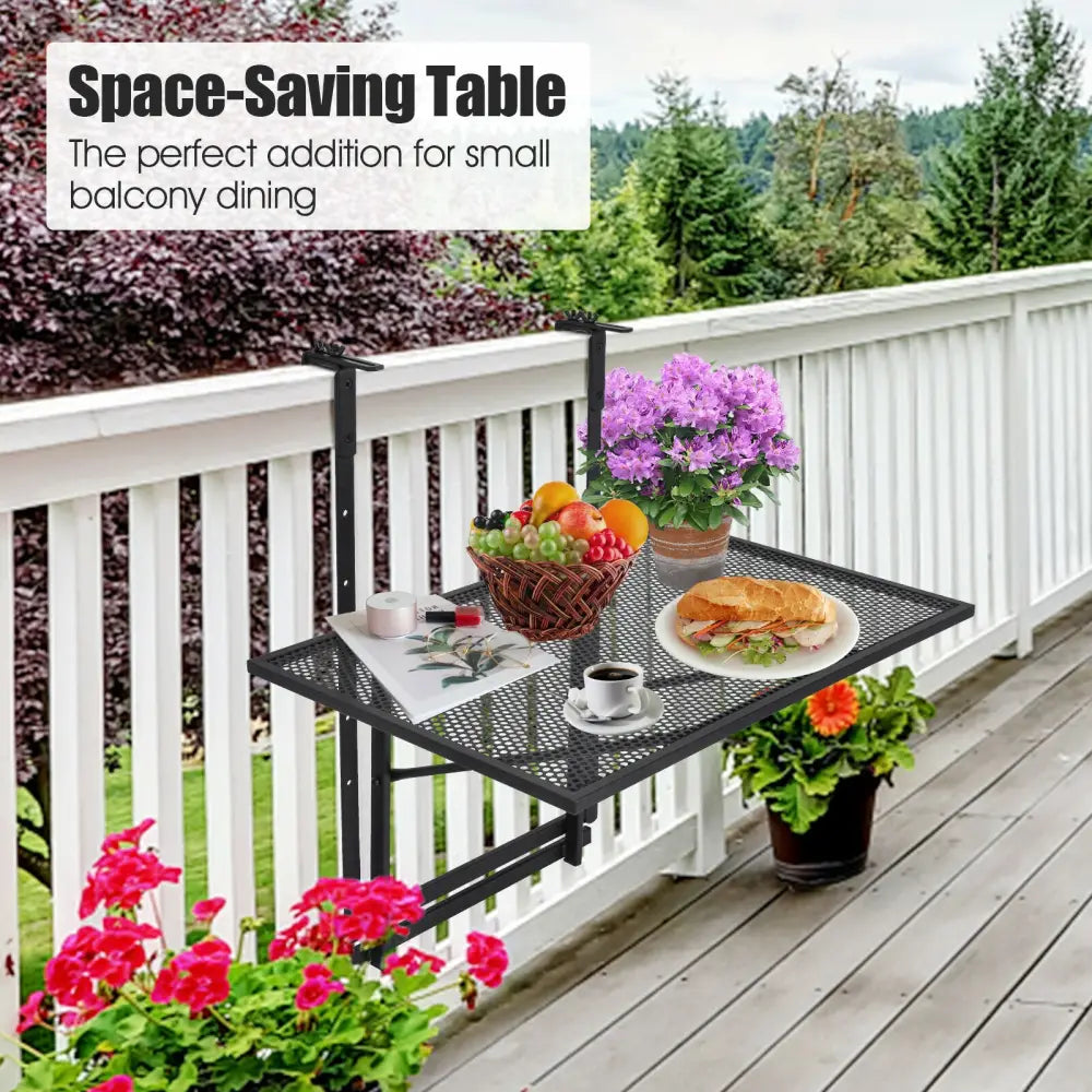 Railing Folding Table with 5-Level Adjustable Heights - Black - Patio Tables