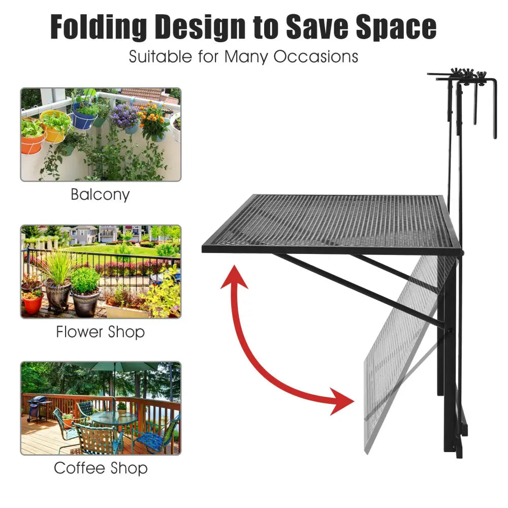 Railing Folding Table with 5-Level Adjustable Heights - Black - Patio Tables