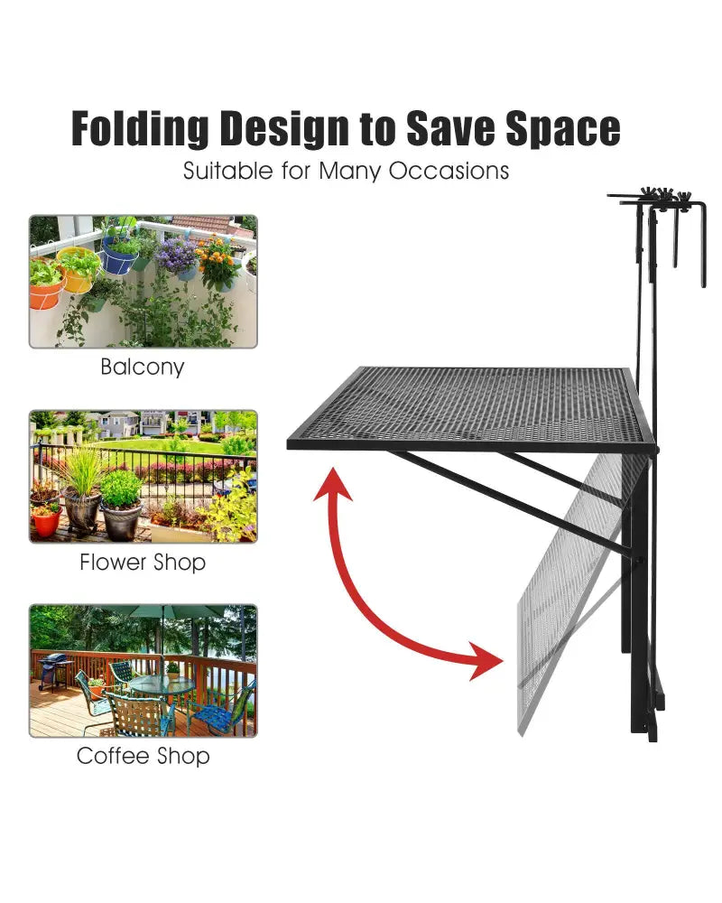 Railing Folding Table with 5-Level Adjustable Heights - Black - Patio Tables
