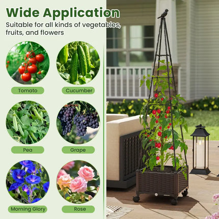 Raised Garden Bed Adjustable with Plant Box and Trellis with Lockable Wheels - Brown - Raised Garden Beds